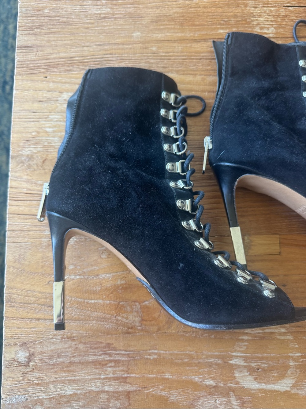 Balmain Black Suede Lace-Up Stiletto Ankle Boots with Gold Trim